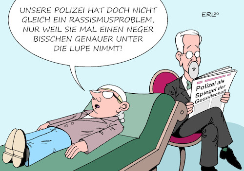 Cartoon: Spiegel der Gesellschaft (medium) by Erl tagged politik,gesellschaft,rassismus,fremdenfeindlichkeit,polizei,untersuchung,bundesregierung,psychologie,psychoanalyse,deutscher,michel,karikatur,erl,politik,gesellschaft,rassismus,fremdenfeindlichkeit,polizei,untersuchung,bundesregierung,psychologie,psychoanalyse,deutscher,michel,karikatur,erl