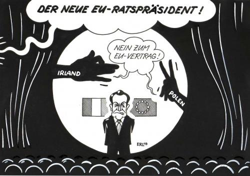 Cartoon: Spot an (medium) by Erl tagged sarkozy,ratspräsidentschaft,eu,vertrag,irland,polen,nicolas sarkozy,frankreich,ratspräsidentschaft,präsident,eu,vertrag,irland,polen,krise,abstimmung,wahlen,gegenstimme,dagegen,referendum,lissabon