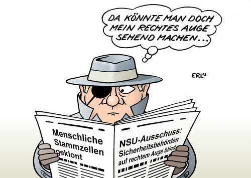 Cartoon: Stammzellen NSU-Ausschuss (medium) by Erl tagged medizin,klonen,stammzellen,krankheit,heilen,nsu,ausschuss,ergebniss,erkenntnis,sicherheitsbehörden,versagen,geheimdienste,polizei,verfassungsschutz,rechts,rechtes,auge,blind,augenklappe,zeitung,stammzellen,nsu,ausschuss