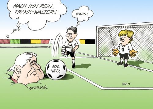 Cartoon: Steilvorlage (medium) by Erl tagged althaus,soli,abschaffen,steinmeier,umfrage,spd,cdu,merkel,fußball,steilvorlage,tor,althaus,soli,abschaffen,frank walter steinmeier,umfrage,spd,cdu,angela merkel,fußball,steilvorlage,tor,wahl,wahlen,wahlkampf,frank,walter,steinmeier,angela,merkel