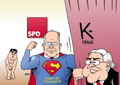 Cartoon: Steinbrück (medium) by Erl tagged finanzkrise,finanzregulierung,finanzenrgulierung,konzept,gabriel,sigmar,steinmeier,walter,frank,steinbrück,peer,frage,kanzlerkandidat,spd,superman,spd,kanzlerkandidat,frage,peer,steinbrück,frank,walter,steinmeier,sigmar,gabriel,konzept,finanzenrgulierung,finanzregulierung,finanzkrise