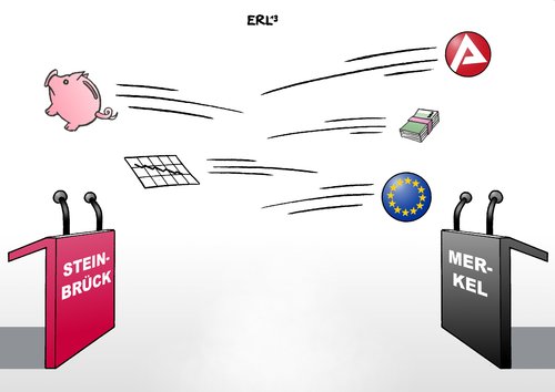 Cartoon: Steinbrück vs Merkel (medium) by Erl tagged peer,kanzlerkandidat,spd,steinbrück,cdu,bundeskanzlerin,angela,merkel,rede,rededuell,bundestag,eu,europa,euro,arbeitslosigkeit,jugend,jugendarbeitslosigkeit,sparkurs,konsolidierung,haushalt,wachstum,schulden,sparschwein,steinbrück,merkel