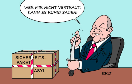 Cartoon: Stichhaltige Argumente (medium) by Erl tagged politik,messerangriff,solingen,ampel,sicherheitspaket,scholz,drohung,vertrauensfrage,widerstand,spd,grüne,karikatur,erl,politik,messerangriff,solingen,ampel,sicherheitspaket,scholz,drohung,vertrauensfrage,widerstand,spd,grüne,karikatur,erl