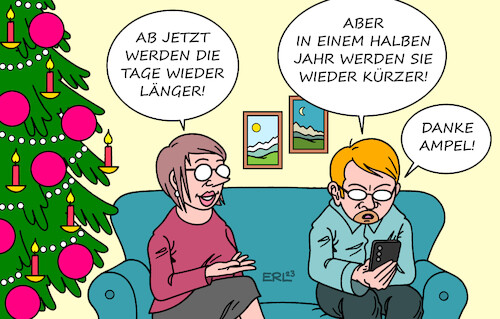 Cartoon: Stimmungslage (medium) by Erl tagged politik,weihnachten,tage,länger,nächte,kürzer,wintersonnwende,sommersonnwende,winter,sommer,stimmung,deutschland,optimismus,pessimismus,bundesregierung,ampel,umfragetief,weihnachtsbaum,christbaum,handy,social,media,mann,frau,karikatur,erl,politik,weihnachten,tage,länger,nächte,kürzer,wintersonnwende,sommersonnwende,winter,sommer,stimmung,deutschland,optimismus,pessimismus,bundesregierung,ampel,umfragetief,weihnachtsbaum,christbaum,handy,social,media,mann,frau,karikatur,erl