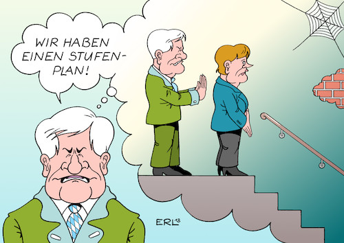 Cartoon: Stufenplan (medium) by Erl tagged politik,deutschland,streit,flüchtlingspolitik,asylmasterplan,ankerzentren,abschiebungen,zurückweisung,flüchtlinge,grenze,sicheres,herkunftsland,innenminister,horst,seehofer,csu,stufenplan,bundeskanzlerin,merkel,cdu,europa,eu,recht,gemeinsam,gipfel,richtlinienkompetenz,karikatur,erl,politik,deutschland,streit,flüchtlingspolitik,asylmasterplan,ankerzentren,abschiebungen,zurückweisung,flüchtlinge,grenze,sicheres,herkunftsland,innenminister,horst,seehofer,csu,stufenplan,bundeskanzlerin,merkel,cdu,europa,eu,recht,gemeinsam,gipfel,richtlinienkompetenz,karikatur,erl