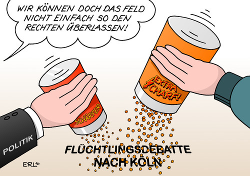 Cartoon: Stunde der Scharfmacher (medium) by Erl tagged rechtspopulismus,schärfe,flüchtlingsdebatte,debatte,asylanten,flüchtlinge,migration,nordafrika,männer,vergewaltigung,nötigung,sexuelle,raub,diebstahl,silvester,köln,rechtsextremismus,scharfmacherei,scharf,polittik,gesetze,schärfer,wettbewerb,feld,würzen,gewürz,karikatur,erl,köln,silvester,diebstahl,raub,sexuelle,nötigung,vergewaltigung,männer,nordafrika,migration,flüchtlinge,asylanten,debatte,flüchtlingsdebatte,schärfe,rechtspopulismus,rechtsextremismus,scharfmacherei,scharf,polittik,gesetze,schärfer,wettbewerb,feld,würzen,gewürz,karikatur,erl