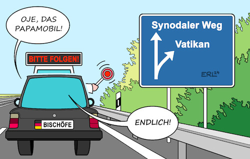 Cartoon: Synodaler Weg (medium) by Erl tagged politik,religion,glaube,kirche,katholisch,bischöfe,deutschland,synodaler,weg,streit,fortschritt,tradition,nähe,weltkirche,vatikan,papst,papamobil,stopp,ausfahrt,bitte,folgen,auto,autobahn,straße,karikatur,erl,politik,religion,glaube,kirche,katholisch,bischöfe,deutschland,synodaler,weg,streit,fortschritt,tradition,nähe,weltkirche,vatikan,papst,papamobil,stopp,ausfahrt,bitte,folgen,auto,autobahn,straße,karikatur,erl