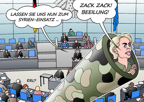 Cartoon: Syrien-Einsatz (medium) by Erl tagged syrien,bürgerkrieg,diktator,assad,rebellen,is,islamismus,terror,anschläge,paris,frankreich,deutschland,solidarität,militär,einsatz,bundestag,beschluss,eile,drängen,verteidigungsministerin,ursula,von,der,leyen,karikatur,erl,syrien,bürgerkrieg,diktator,assad,rebellen,is,islamismus,terror,anschläge,paris,frankreich,deutschland,solidarität,militär,einsatz,bundestag,beschluss,eile,drängen,verteidigungsministerin,ursula,von,der,leyen,karikatur,erl