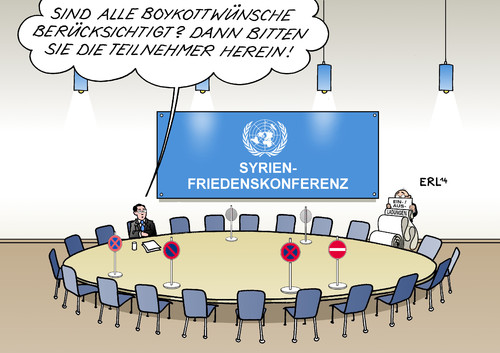 Cartoon: Syrien-Konferenz (medium) by Erl tagged syrien,bürgerkrieg,un,friedenskonferenz,konferenz,syrienkonferenz,generalsekretär,ban,ki,moon,iran,einladung,ausladung,boykott,drohung,teilnehmer,karikatur,erl,syrien,bürgerkrieg,un,friedenskonferenz,konferenz,syrienkonferenz,generalsekretär,ban,ki,moon,iran,einladung,ausladung,boykott,drohung,teilnehmer