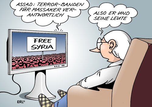 Cartoon: Syrien (medium) by Erl tagged syrien,diktator,assad,bürgerkrieg,massaker,terror,banden,regierungstruppen,militär,aufständische,rebellen,fernsehen,nachrichten,syrien,diktator,assad,bürgerkrieg,massaker,terror,regierungstruppen,militär