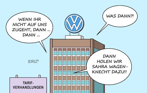 Cartoon: Tarifverhandlungen (medium) by Erl tagged politik,auto,volkswagen,tarifverhandlungen,gewerkschaft,drohungen,sahra,wagenknecht,karikatur,erl,politik,auto,volkswagen,tarifverhandlungen,gewerkschaft,drohungen,sahra,wagenknecht,karikatur,erl