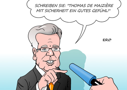 Cartoon: Thomas de Maiziere (medium) by Erl tagged innenminister,thomas,de,maiziere,innere,sicherheit,terror,terrorismus,islamismus,anschläge,reaktion,sicherheitspaket,konzept,plan,angst,gefühl,beruhigung,werbung,cdu,wahl,afd,wähler,wählerstimmen,slogan,karikatur,erl,innenminister,thomas,de,maiziere,innere,sicherheit,terror,terrorismus,islamismus,anschläge,reaktion,sicherheitspaket,konzept,plan,angst,gefühl,beruhigung,werbung,cdu,wahl,afd,wähler,wählerstimmen,slogan,karikatur,erl