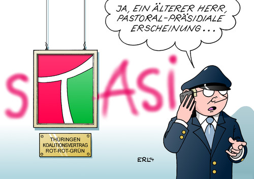 Cartoon: Thüringen (medium) by Erl tagged thüringen,landtag,wahl,ministerpräsident,kandidat,bodo,ramelow,die,linke,spd,bündnis,90,grünen,grüne,kritik,bundespräsident,pastor,joachim,gauck,ddr,vergangenheit,stasi,geheimdienst,mauer,schießbefehl,unrechtsstaat,karikatur,erl,thüringen,landtag,wahl,ministerpräsident,kandidat,bodo,ramelow,die,linke,spd,bündnis,90,grünen,grüne,kritik,bundespräsident,pastor,joachim,gauck,ddr,vergangenheit,stasi,geheimdienst,mauer,schießbefehl,unrechtsstaat