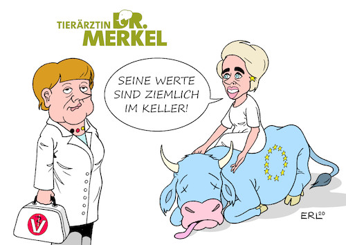 Cartoon: Tierärztin Dr. Merkel (medium) by Erl tagged politik,bundeskanzlerin,angela,merkel,regierungserklärung,bundestag,eu,ratspräsidentschaft,corona,klima,reformen,solidarität,werte,ursula,von,der,leyen,europa,stier,fernsehen,serie,tierärztin,dr,mertens,karikatur,erl,politik,bundeskanzlerin,angela,merkel,regierungserklärung,bundestag,eu,ratspräsidentschaft,corona,klima,reformen,solidarität,werte,ursula,von,der,leyen,europa,stier,fernsehen,serie,tierärztin,dr,mertens,karikatur,erl