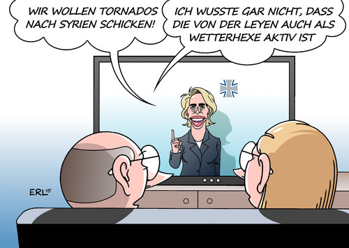 Cartoon: Tornados nach Syrien (medium) by Erl tagged syrien,bürgerkrieg,diktator,assad,rebellen,islamischer,staat,is,islamismus,terror,anschläge,frankreich,paris,antwort,kampf,militär,einsatz,unterstützung,deutschland,flugzeug,aufklärung,tornado,sturm,wetter,wetterhexe,hexe,verteidigungsministerin,ursula,von,der,leyen,karikatur,erl,syrien,bürgerkrieg,diktator,assad,rebellen,islamischer,staat,is,islamismus,terror,anschläge,frankreich,paris,antwort,kampf,militär,einsatz,unterstützung,deutschland,flugzeug,aufklärung,tornado,sturm,wetter,wetterhexe,hexe,verteidigungsministerin,ursula,von,der,leyen,karikatur,erl