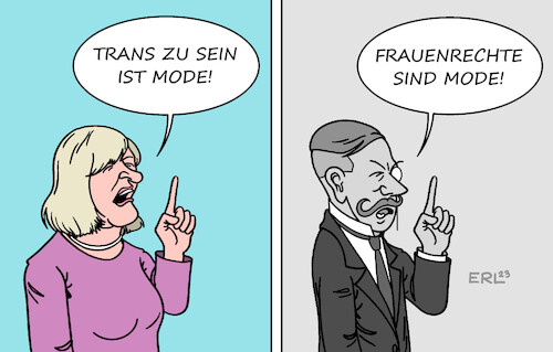 Cartoon: Trans (medium) by Erl tagged politik,feminismus,alice,schwarzer,wandlung,liberal,konservativ,verurteilung,trans,transperson,mode,provokation,vergangenheit,männer,missachtung,frauenrechte,frau,mann,gleichberechtigung,geschichte,karikatur,erl,politik,feminismus,alice,schwarzer,wandlung,liberal,konservativ,verurteilung,trans,transperson,mode,provokation,vergangenheit,männer,missachtung,frauenrechte,frau,mann,gleichberechtigung,geschichte,karikatur,erl