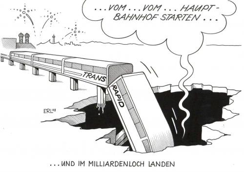 Cartoon: Transrapid (medium) by Erl tagged transrapid,csu,stoiber,,transrapid,csu,stoiber,versagen,desaster,teuer,verkehr,technik,modern,feuerwerk,loch,finanzen,überschätzung,hauptbahnhof,träume,wunschvorstellungen,milliardenloch,flop