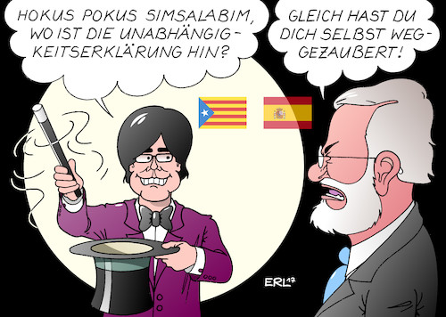 Cartoon: Trick 17 (medium) by Erl tagged katalonien,unabhängigkeit,referendum,spanien,verbot,verfassung,verfassungswidrig,recht,geld,wirtschaft,wirtschaftskraft,konflikt,konfrontation,rechthaberei,versagen,mariano,rajoy,carles,puigdemont,erklärung,verschleierung,trick,zaubertrick,zylinder,konsequenz,paragraf,155,machtübernahme,madrid,karikatur,erl,katalonien,unabhängigkeit,referendum,spanien,verbot,verfassung,verfassungswidrig,recht,geld,wirtschaft,wirtschaftskraft,konflikt,konfrontation,rechthaberei,versagen,mariano,rajoy,carles,puigdemont,erklärung,verschleierung,trick,zaubertrick,zylinder,konsequenz,paragraf,155,machtübernahme,madrid,karikatur,erl