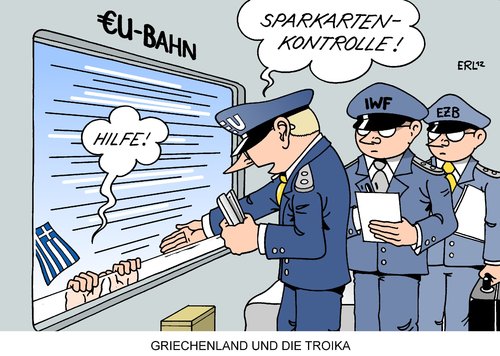 Cartoon: Troika (medium) by Erl tagged griechenland,schulden,krise,euro,sparkurs,kontrolle,troika,eu,iwf,ezb,bank,banken,bahn,fahrkartenkontrolle,hilfe