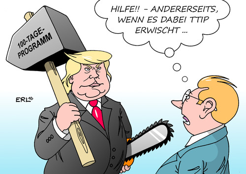 Cartoon: Trump 100-Tage-Programm (medium) by Erl tagged trump,donald,präsident,usa,100,tage,programm,kündigung,freihandelsabkommen,tpp,pazifik,ttip,eu,mauer,mauerbau,mexiko,politik,obama,abwicklung,zerstörung,hammer,vorschlaghammer,kettensäge,motorsäge,karikatur,erl,trump