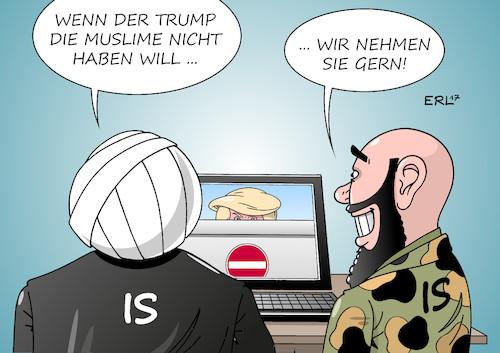 Cartoon: Trump IS (medium) by Erl tagged usa,präsident,donald,trump,dekret,einreiseverbot,muslime,diskriminierung,ablehnung,gefahr,radikalisierung,zulauf,is,islamischer,staat,terror,organisation,werbekampagne,karikatur,erl,usa,präsident,donald,trump,dekret,einreiseverbot,muslime,diskriminierung,ablehnung,gefahr,radikalisierung,zukauf,is,islamischer,staat,terror,organisation,werbekampagne,karikatur,erl