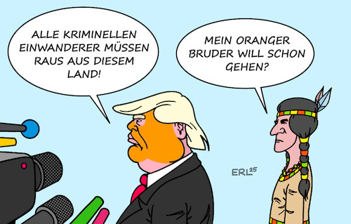 Cartoon: Trump Migration (medium) by Erl tagged politik,usa,präsident,donald,trump,straftäter,einwanderer,abschiebung,bleiben,ureinwohner,amerika,karikatur,erl,politik,usa,präsident,donald,trump,straftäter,einwanderer,abschiebung,bleiben,ureinwohner,amerika,karikatur,erl