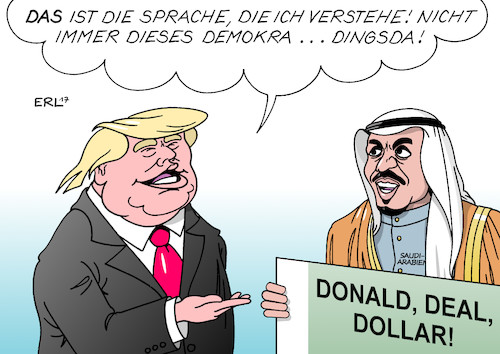 Cartoon: Trump Saudi-Arabien (medium) by Erl tagged usa,präsident,donald,trump,reise,ausland,naher,osten,middle,east,saudi,arabien,waffendeal,deal,handel,dollar,geld,geschäft,geschäftsmann,politiker,demokratie,demokratieverständnis,gewaltenteilung,pressefreiheit,sprache,gemeinsamkeit,karikatur,erl,usa,präsident,donald,trump,reise,ausland,naher,osten,middle,east,saudi,arabien,waffendeal,deal,handel,dollar,geld,geschäft,geschäftsmann,politiker,demokratie,demokratieverständnis,gewaltenteilung,pressefreiheit,sprache,gemeinsamkeit,karikatur,erl