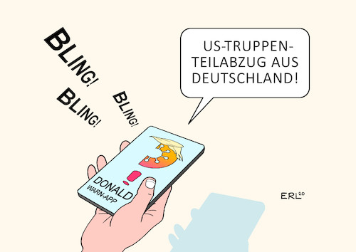 Cartoon: Truppenabzug (medium) by Erl tagged politik,corona,virus,pandemie,warnapp,app,smartphone,warnung,donald,trump,präsident,usa,unberechenbar,entscheidungen,abzug,truppen,deutschland,karikatur,erl,politik,corona,virus,pandemie,warnapp,app,smartphone,warnung,donald,trump,präsident,usa,unberechnbar,entscheidungen,abzug,truppen,deutschland,karikatur,erl