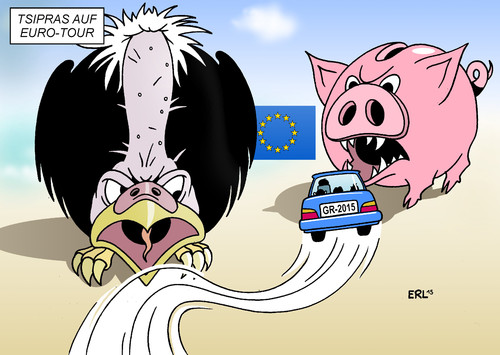 Cartoon: Tsipras auf Euro-Tour (medium) by Erl tagged griechenland,krise,schulden,banken,euro,regierung,alexis,tsipras,tour,europa,werbung,kurs,pleite,sparkurs,slalom,pleitegeier,sparschwein,karikatur,erl,griechenland,krise,schulden,banken,euro,regierung,alexis,tsipras,tour,europa,werbung,kurs,pleite,sparkurs,slalom,pleitegeier,sparschwein