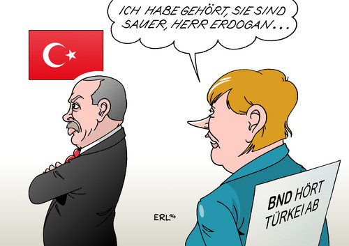 Cartoon: Türkei sauer (medium) by Erl tagged deutschland,geheimdienst,bnd,spionage,abhören,ausspähen,freunde,türkei,verstimmung,sauer,merkel,erdogan,deutschland,geheimdienst,bnd,spionage,abhören,ausspähen,freunde,türkei,verstimmung,sauer,merkel,erdogan