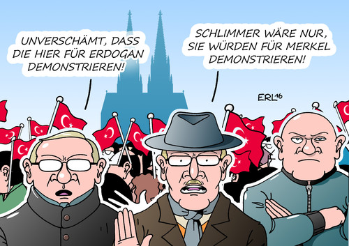 Cartoon: Türken Köln (medium) by Erl tagged türkei,militärputsch,präsident,erdogan,säuberung,wiederherstellung,demokratie,anhänger,deutschland,demonstration,köln,rechtspopulismus,demonstrationsrecht,merkel,karikatur,erl,türkei,militärputsch,präsident,erdogan,säuberung,wiederherstellung,demokratie,anhänger,deutschland,demonstration,köln,rechtspopulismus,demonstrationsrecht,merkel,karikatur,erl