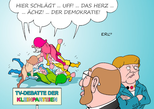 Cartoon: TV-Debatte der Kleinparteien (medium) by Erl tagged bundestagswahl,2017,wahl,wahlkampf,tv,duell,bundeskanzlerin,angela,merkel,cdu,herausforderer,martin,schulz,spd,kanzlerkandidat,sendung,format,ablauf,vorgaben,langeweile,übereinstimmung,grosse,koalition,kleinparteien,debatte,diskussion,inhalte,fragen,themen,streit,positionen,herz,demokratie,karikatur,erl,bundestagswahl,2017,wahl,wahlkampf,tv,duell,bundeskanzlerin,angela,merkel,cdu,herausforderer,martin,schulz,spd,kanzlerkandidat,sendung,format,ablauf,vorgaben,langeweile,übereinstimmung,grosse,koalition,kleinparteien,debatte,diskussion,inhalte,fragen,themen,streit,positionen,herz,demokratie,karikatur,erl