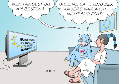 Cartoon: TV-Duell (medium) by Erl tagged politik,eu,europawahl,fernsehen,tv,duell,spitzenkandidaten,bekanntheit,bekanntheitsgrad,gering,wähler,europa,stier,karikatur,erl,politik,eu,europawahl,fernsehen,tv,duell,spitzenkandidaten,bekanntheit,bekanntheitsgrad,gering,wähler,europa,stier,karikatur,erl