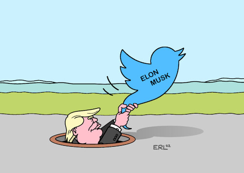 Cartoon: Twitter (medium) by Erl tagged politik,kommunikation,internet,social,media,kurznachrichten,dienst,übernahme,kauf,twitter,milliardär,elon,musk,rechtspopulismus,plattform,donald,trump,wiederwahl,karikatur,erl,politik,kommunikation,internet,social,media,kurznachrichten,dienst,übernahme,kauf,twitter,milliardär,elon,musk,rechtspopulismus,plattform,donald,trump,wiederwahl,karikatur,erl