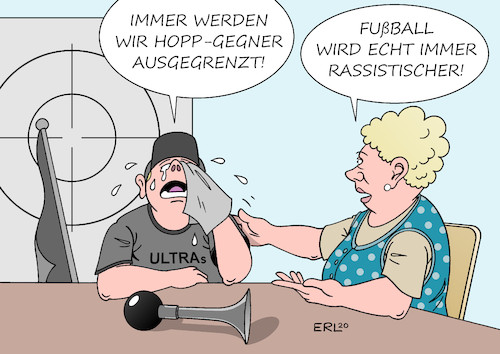 Cartoon: Ultras (medium) by Erl tagged politik,sport,fußball,fans,ultras,beleidigung,bedrohung,dietmar,hopp,mäzen,hoffenheim,protest,spieler,vereinsführung,karikatur,erl,politik,sport,fußball,fans,ultras,beleidigung,bedrohung,dietmar,hopp,mäzen,hoffenheim,protest,spieler,vereinsführung,karikatur,erl