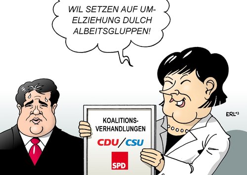 Cartoon: Umerziehung (medium) by Erl tagged koalitionsverhandlungen,schwarz,rot,cdu,csu,spd,gabriel,merkel,arbeitsgruppen,umerziehung,china,arbeitslager,arbeit,abschaffung,koalitionsverhandlungen,schwarz,rot,cdu,csu,spd,gabriel,merkel,arbeitsgruppen,umerziehung,china,arbeitslager,arbeit,abschaffung