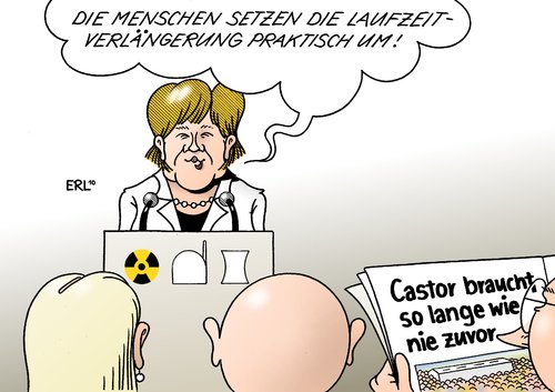 Cartoon: Umsetzung (medium) by Erl tagged merkel,atomenergie,atomkraftwerk,laufzeit,verlängerung,castor,transport,atommüll,protest,blockade,gorleben,wendland,umstzung,menschen,bürger,angela merkel,atomenergie,atomkraftwerk,laufzeit,verlängerung,castor,transport,protest,atommüll,blockade,gorleben,wendland,menschen,bürger,angela,merkel