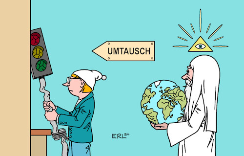 Cartoon: Umtausch (medium) by Erl tagged politik,unzufriedenheit,ampel,gott,erde,krieg,nahost,ukraine,umtausch,karikatur,erl,politik,unzufriedenheit,ampel,gott,erde,krieg,nahost,ukraine,umtausch,karikatur,erl