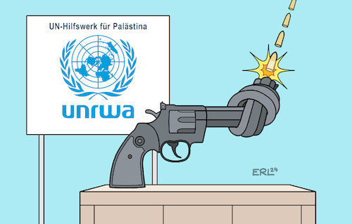 Cartoon: UN (medium) by Erl tagged politik,nahost,terror,hamas,angriff,überfall,israel,beteiligung,mitarbeiter,unrwa,hilfswerk,palästinenser,skulptur,un,gebäude,rvolver,knoten,vereinte,nationen,frieden,gewaltlosigkeit,karikatur,erl,politik,nahost,terror,hamas,angriff,überfall,israel,beteiligung,mitarbeiter,unrwa,hilfswerk,palästinenser,skulptur,un,gebäude,rvolver,knoten,vereinte,nationen,frieden,gewaltlosigkeit,karikatur,erl