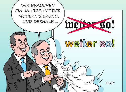 Cartoon: Union Modernisierung (medium) by Erl tagged politik,bundestagswahl,wahl,programm,union,cdu,csu,modernisierung,weiter,so,klima,steuern,schuldenbremse,armin,laschet,markus,söder,karikatur,erl,politik,bundestagswahl,wahl,programm,union,cdu,csu,modernisierung,weiter,so,klima,steuern,schuldenbremse,armin,laschet,markus,söder,karikatur,erl