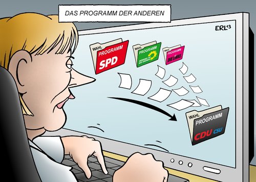 Cartoon: Union Programm (medium) by Erl tagged merkel,angela,bundeskanzlerin,geheimdienst,internet,computer,daten,datenklau,linke,grünen,die,spd,inhalte,übernahme,union,csu,cdu,partei,wahlprogramm,parteiprogramm,parteiprogramm,wahlprogramm,partei,cdu,csu,union,übernahme,inhalte,spd,die,grünen,linke,datenklau,daten,computer,internet,geheimdienst,bundeskanzlerin,angela,merkel