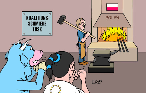 Cartoon: Unseres Glückes Schmied (medium) by Erl tagged politik,wahl,parlament,polen,regierung,partei,pis,national,konservativ,rechtspopulismus,konfederacja,rechtsextremismus,wahlsieg,opposition,bündnis,liberal,mitte,links,grün,europafreundlich,koalition,schmieden,schmied,donald,tusk,eisen,feuer,glück,eu,europa,stier,daumendrücken,karikatur,erl,politik,wahl,parlament,polen,regierung,partei,pis,national,konservativ,rechtspopulismus,konfederacja,rechtsextremismus,wahlsieg,opposition,bündnis,liberal,mitte,links,grün,europafreundlich,koalition,schmieden,schmied,donald,tusk,eisen,feuer,glück,eu,europa,stier,daumendrücken,karikatur,erl