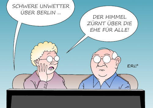 Cartoon: Unwetter über Berlin (medium) by Erl tagged ehe,für,alle,gleichgeschlechtlich,homoehe,homosexualität,schwule,lesben,heterosexualität,abstimmung,bundestag,mehrheit,spd,linke,grüne,teile,cdu,csu,gegner,konservative,mann,und,frau,kinder,tradition,familienbild,berlin,unwetter,regen,starkregen,himmel,zürnen,angst,karikatur,erl,ehe,für,alle,gleichgeschlechtlich,homoehe,homosexualität,schwule,lesben,heterosexualität,abstimmung,bundestag,mehrheit,spd,linke,grüne,teile,cdu,csu,gegner,konservative,mann,und,frau,kinder,tradition,familienbild,berlin,unwetter,regen,starkregen,himmel,zürnen,angst,karikatur,erl