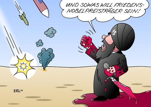 Cartoon: US-Luftangriffe (medium) by Erl tagged usa,präsident,obama,befehl,luftangriff,is,kalifat,terror,islamismus,krieg,gewalt,enthauptung,blut,frieden,friedensnobelpreis,bombe,rakete,usa,präsident,obama,befehl,luftangriff,is,kalifat,terror,islamismus,krieg,gewalt,enthauptung,blut,frieden,friedensnobelpreis,bombe,rakete