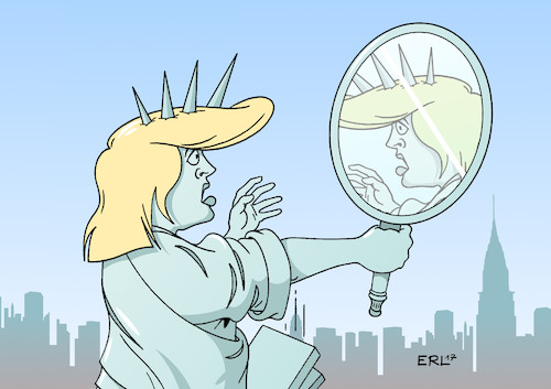 Cartoon: USA (medium) by Erl tagged usa,präsident,donald,trump,rechtspopulismus,rassismus,sexismus,grobheit,spaltung,erschrecken,angst,freiheit,freiheitsstatue,liberty,spiegel,frisur,karikatur,erl,usa,präsident,trump