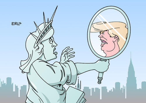 Cartoon: USA Spiegel (medium) by Erl tagged usa,wahl,präsident,donald,trump,populismus,rechtspopulismus,rassismus,sexismus,spiegel,gesellschaft,freiheitsstatue,liberty,karikatur,erl,usa,wahl,präsident,donald,trump,populismus,rechtspopulismus,rassismus,sexismus,spiegel,gesellschaft,freiheitsstatue,liberty,karikatur,erl