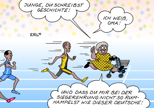 Cartoon: Usain Bolt (medium) by Erl tagged usain,bolt,100,meter,lauf,sprint,olympiasieg,rekord,olympia,olympische,spiele,rio,2016,leichtathletik,jamaika,familie,oma,rollator,siegerehrung,zappeln,hampeln,christoph,harting,diskus,karikatur,erl,usain,bolt,100,meter,lauf,sprint,olympiasieg,rekord,olympia,olympische,spiele,rio,2016,leichtathletik,jamaika,familie,oma,rollator,siegerehrung,zappeln,hampeln,christoph,harting,diskus,karikatur,erl