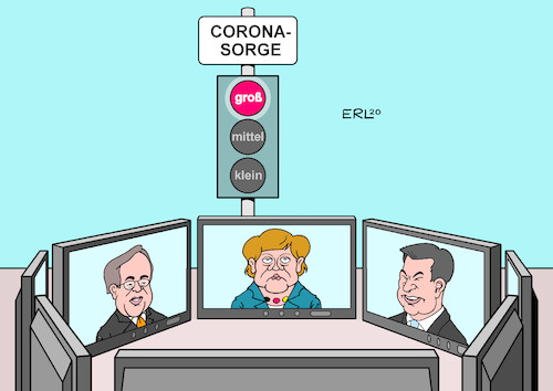 Cartoon: Videokonferenz (medium) by Erl tagged politik,corona,virus,pandemie,zweite,welle,anstieg,fallzahlen,maßnahmen,beratung,bundeskanzlerin,angela,merkel,ministerpräsidentinnen,ministerpräsidenten,videokonferenz,sorge,groß,coronaampel,ampel,laschet,söder,karikatur,erl,politik,corona,virus,pandemie,zweite,welle,anstieg,fallzahlen,maßnahmen,beratung,bundeskanzlerin,angela,merkel,ministerpräsidentinnen,ministerpräsidenten,videokonferenz,sorge,groß,coronaampel,ampel,laschet,söder,karikatur,erl