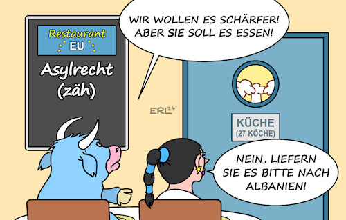 Cartoon: Viele Köche ... (medium) by Erl tagged politik,eu,gipfel,asylrecht,migration,streit,asylverfahren,albanien,europa,stier,werte,küche,köche,karikatur,erl,politik,eu,gipfel,asylrecht,migration,streit,asylverfahren,albanien,europa,stier,werte,küche,köche,karikatur,erl