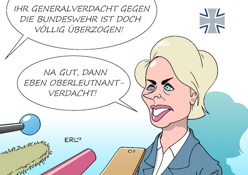 Cartoon: Von der Leyen (medium) by Erl tagged verteidigungsministerin,ursula,von,der,leyen,kritik,bundeswehr,aufnahmerituale,demütigung,sadismus,rechtsextremismus,oberleutnant,doppelleben,asylbewerber,generalverdacht,zurückweisung,bürger,in,uniform,demokratie,karikatur,erl,verteidigungsministerin,ursula,von,der,leyen,kritik,bundeswehr,aufnahmerituale,demütigung,sadismus,rechtsextremismus,oberleutnant,doppelleben,asylbewerber,generalverdacht,zurückweisung,bürger,in,uniform,demokratie,karikatur,erl